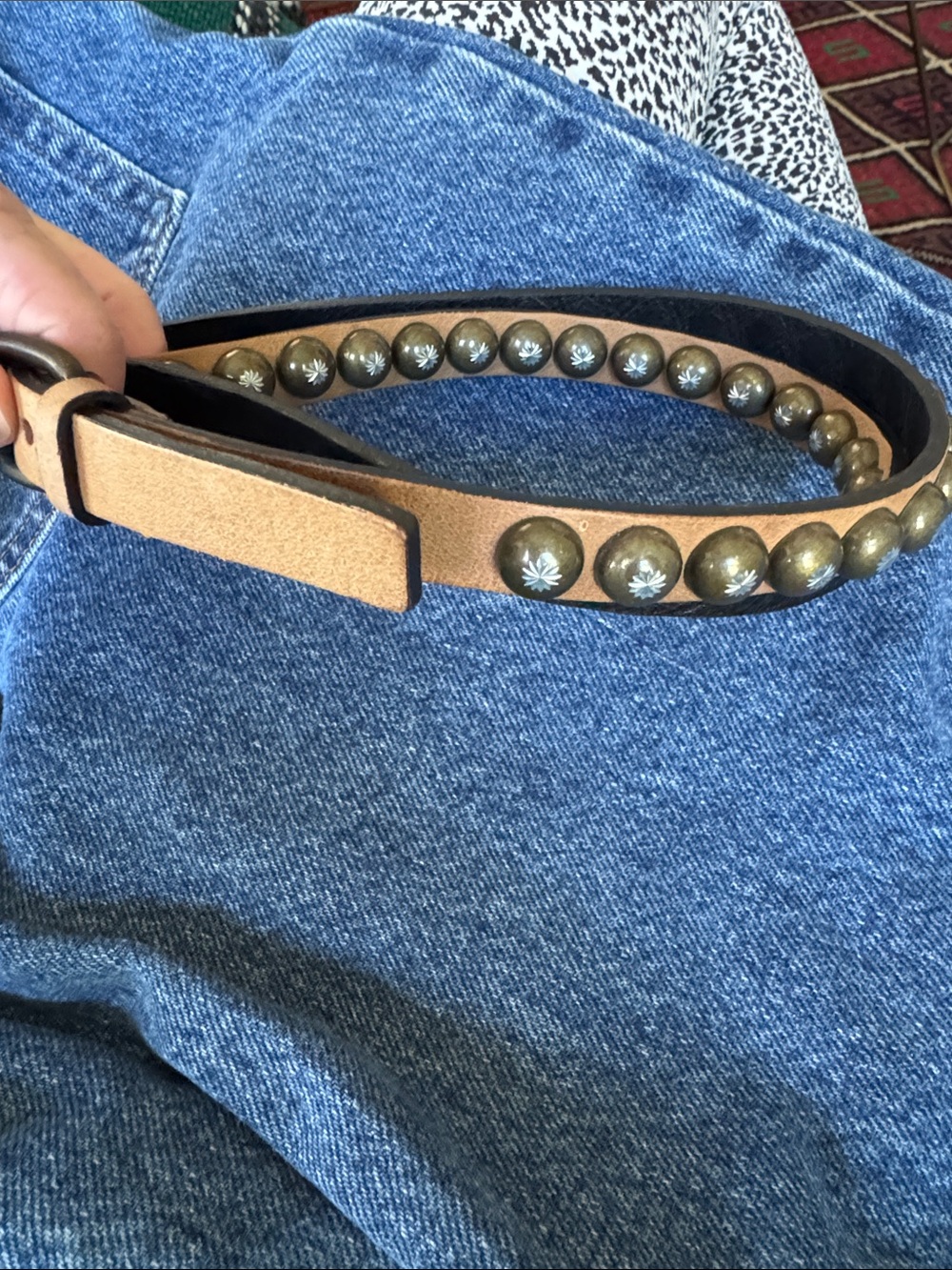 Women's Tan Studded Leather Belt - Picture 5 of 7